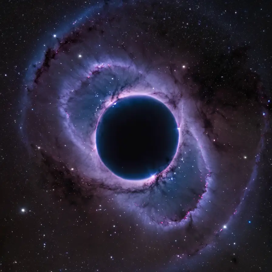 Deep indigo nebula with a dark ringed void at its centre
