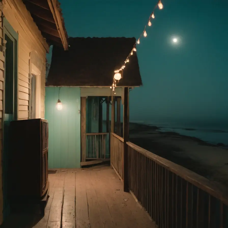 Coastal porch with an old speaker cabinet, string lights and a full moon over the sea