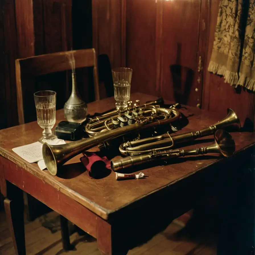 Kafana table with brass instruments and rakija glasses in warm lamplight