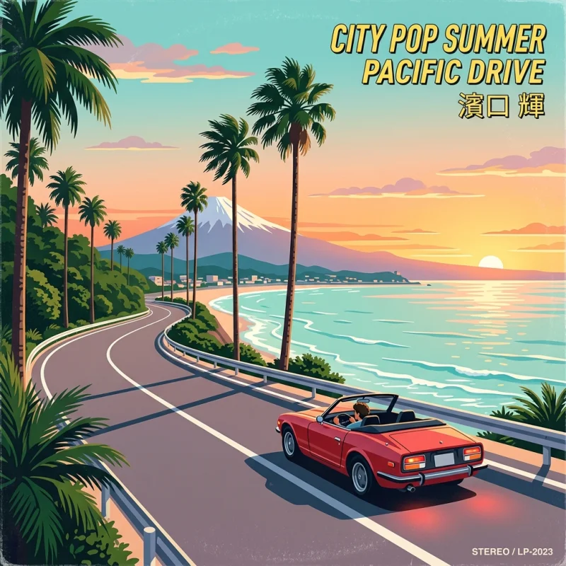 Komorebi Drift - 80s Tokyo coastal highway drive with palm trees and sunset glow