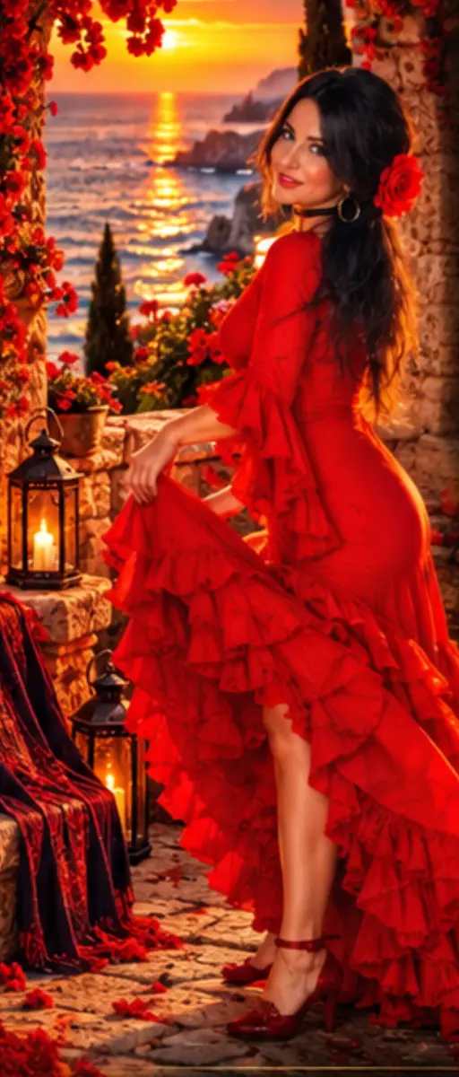 L’Via Bell - Contemporary Flamenco artist in flowing red ruffles against sunlit Mediterranean archway