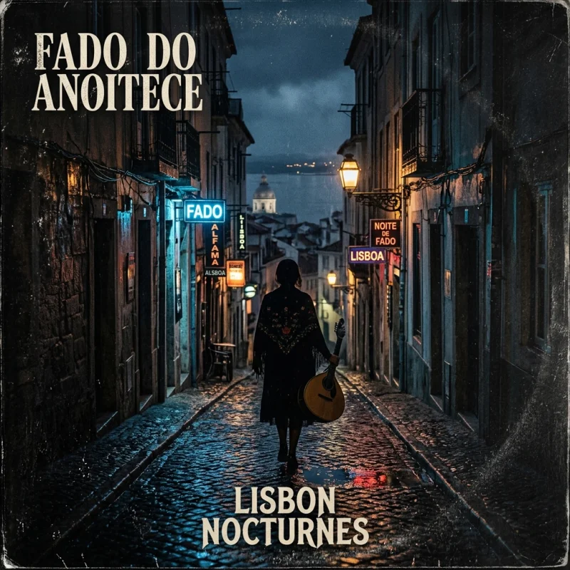 Neon Fado - Rain-slicked cobblestone street in Lisbon Alfama with cyan neon reflections