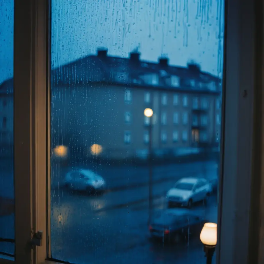 Rain-streaked window overlooking a Swedish suburb at blue dusk
