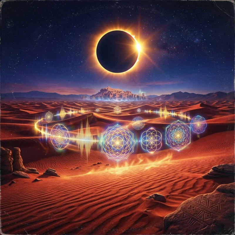 Sahara Synth Syndicate - Dunes under starlight with illuminated analog synthesizers