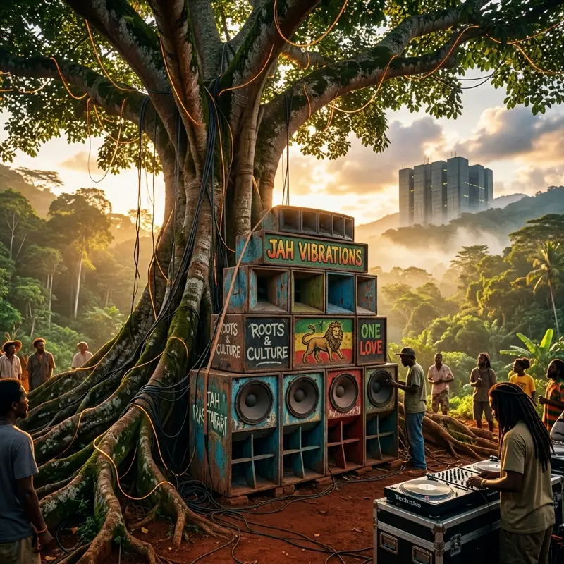 Silicon Babylon - Jamaican sound system stack with glowing fibers and digital horizon