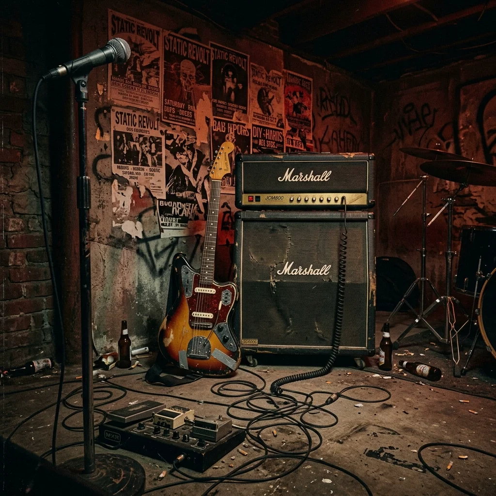 Static Revolt - 1990s underground basement rehearsal with battered Jaguar guitar and Marshall stack